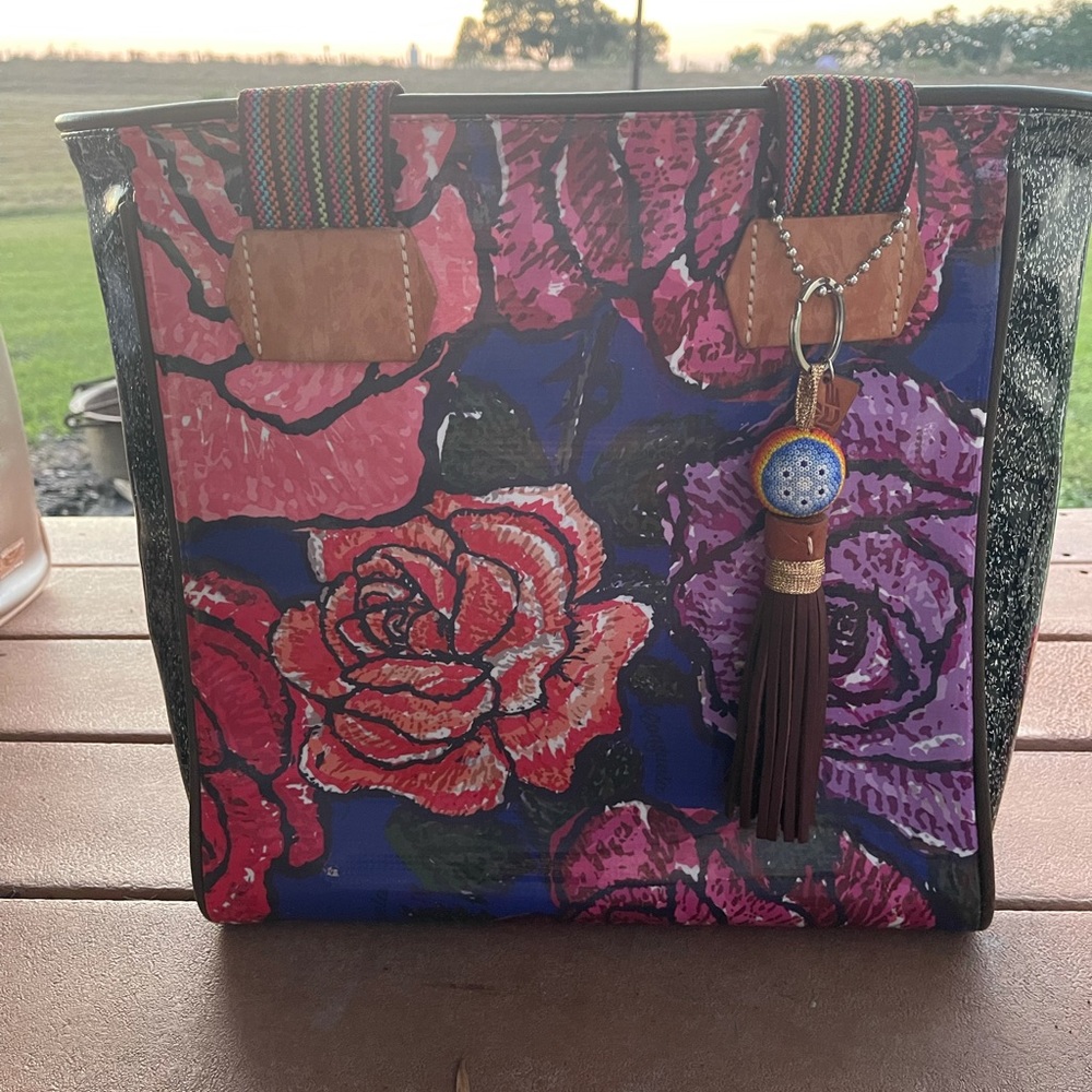 Consuela Floral Tote in Red, Purple, Blue with Brown Trim
